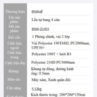 Lều cắm trại tự bung , lều du lịch dã ngoại dành cho 4-6 người, chống thấm nước -ZL053