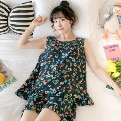 Bộ đồ mặc ở nhà dành cho nữ, bộ áo ba lỗ và quần đùi nhún bèo vải lanh mặc nhà mềm mát, trẻ trung size 35 - 75 kg