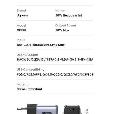 Ugreen UG15328CD318TK 20W Bộ sạc nhanh Nexode GaN USB type c PD3.0 qc4.0 Màu Trắng Chuẩn cắm US - HÀNG CHÍNH HÃNG