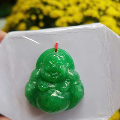 Mặt dây chuyền Nữ Phật Di Lặc bụng tròn Đá Cẩm Thạch Xanh Đậm tự nhiên đẹp Size C36mm x N34mm x S13mm Anh Chị bọc Vàng đeo đẹp ạ