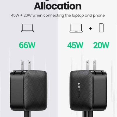 Ugreen UG70866CD216TK 66W 2c QC4.0 chuẩn cắm US Màu Đen Củ sạc nhanh 2 cổng USB type C - HÀNG CHÍNH HÃNG