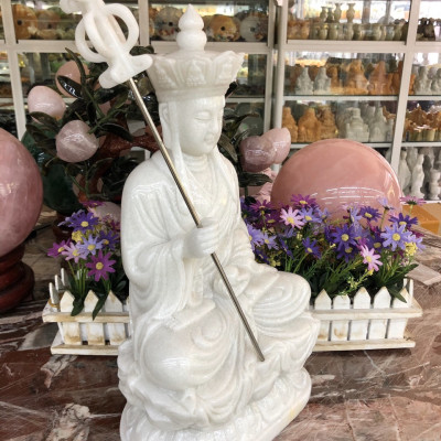 Tượng địa tạng vương bồ tát ngồi đài sen đá cẩm thạch trắng - Cao 40 cm