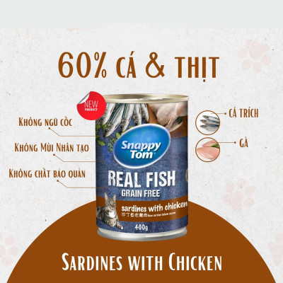 COMBO 5 Lon Pate Siêu Cá Cho Mèo Trưởng Thành Snappy Tom Real Fish Grain Free 400g - YonaPetshop