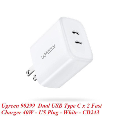 Ugreen UG90299CD243TK 40W Bộ sạc nhanh 2 cổng USB-C chuẩn cắm US Màu Trắng - HÀNG CHÍNH HÃNG