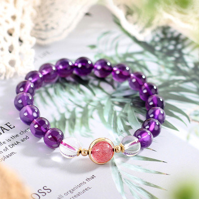 Vòng tay đá thạch anh tím phối thạch anh dâu mệnh hỏa, thổ - Ngọc Quý Gemstones