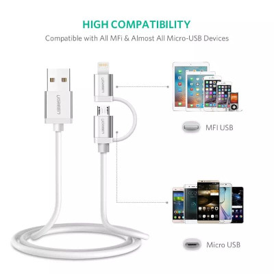 Ugreen UG20748US165TK 1M màu Trắng Cáp sạc đa năng USB sang MicroUSB + Lightning - HÀNG CHÍNH HÃNG