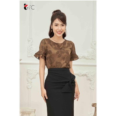 Áo kiểu Sơ mi hoa chìm nâu, tay bèo Tri