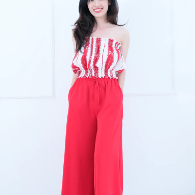 Đồ Bộ Mặc Nhà LMcation - Áo ống Carol màu sọc nơ đỏ & Quần váy dài Mila màu đỏ