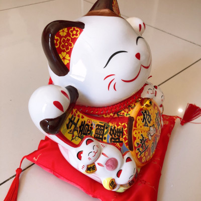 Tượng Mèo Thần Tài Ngũ phúc lâm môn vẫy tay chiêu tài lộc 20cm bằng gốm sứ - mẫu giao ngẫu nhiên