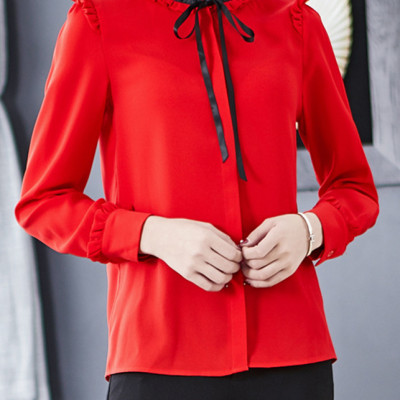 Sơ mi nữ công sở màu đỏ dài tay phối nơ  Sm46