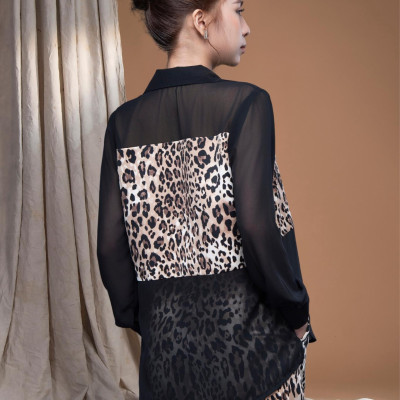 Áo sơ mi chiffon đen phối beo lụa cát LM112432 [BST Da Beo]