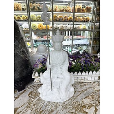 Tượng địa tạng vương bồ tát ngồi đài sen đá cẩm thạch trắng - Cao 40 cm