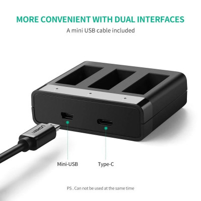 Ugreen UG40596ED005TK GoPro màu đen Bộ sạc nhanh 3 pin cho máy quay Go Pro kèm cáp USB mini - HÀNG CHÍNH HÃNG