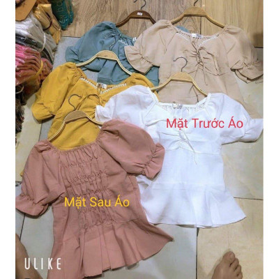Áo sơ mi đũi ngắn thiết kế nhún ngực siêu xinh