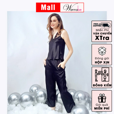 Đồ bộ mặc nhà phi lụa Wannabe, bộ dài bds04 viền ren hoa nữ tính, sang trọng