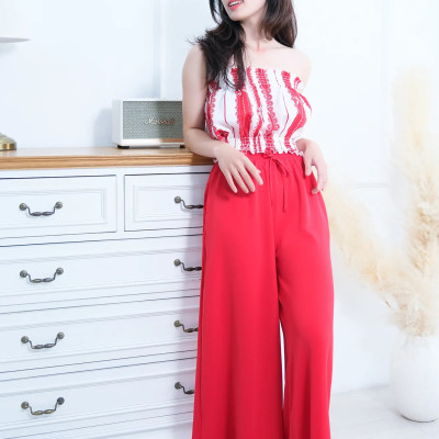 Đồ Bộ Mặc Nhà LMcation - Áo ống Carol màu sọc nơ đỏ & Quần váy dài Mila màu đỏ