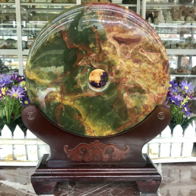 Đồng điếu (đồng tiền ) phong thủy đá ngọc Onyx xanh đậm - Đường kính 26 cm