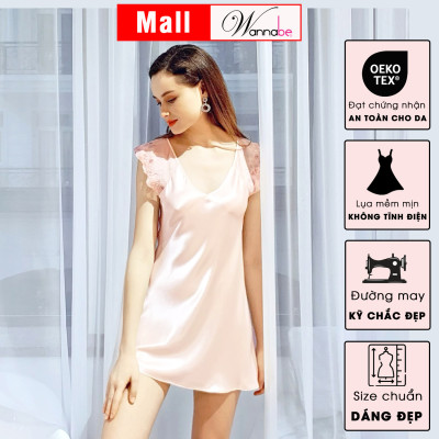 Đầm ngủ phi lụa WANNABE DNS06 váy ngủ tay cánh tiên phối ren hoa nhẹ nhàng che vai thô