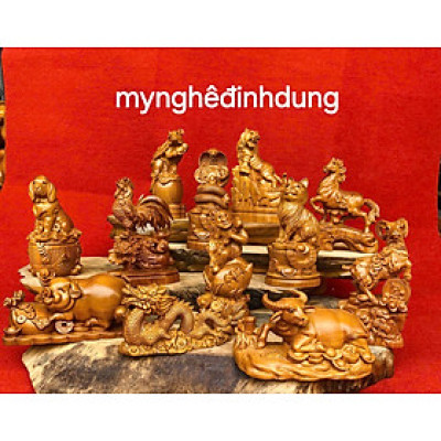 Bộ tượng 12 còn giáp phong thủy bằng gỗ bách xanh thơm nức cao 20cm