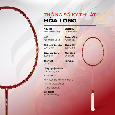 Vợt Cầu Lông KUNO Hỏa Long Thiên Công, Vợt 4U Thân Cứng, Chất Liệu Carbon T700 Căng Max 16kg