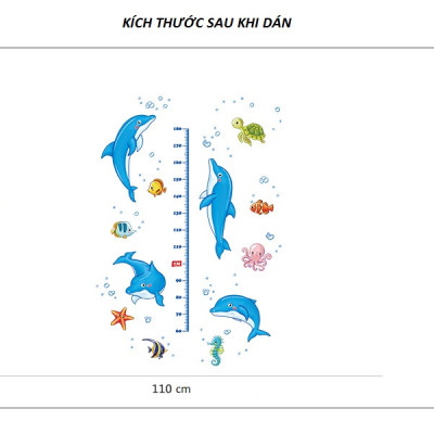 Decal dán tường thước đo Cá heo nhảy múa AmyShop (160 x 110cm)