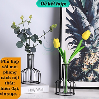 Lọ Hoa Nghệ Thuật Khung Sắt Kèm Ống Thủy Tinh- Bình Hoa Trang Trí Khung Kim Loại Hiện Đại- Lọ Hoa Phong Cách Bắc Âu – Khung Sắt & Ống Thủy Tinh- Chân Đế Lọ Hoa Sáng Tạo Decor Nhà Cửa- Bình Hoa Mini Trang Trí Bàn Làm Việc/Phòng Khách