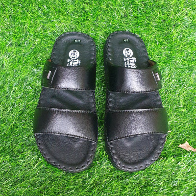 Dép nam đế cao 3cm da bò thật may viền Trường Hải màu đen DN145