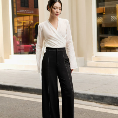 Áo sơ mi kiểu chất tơ, hai vạt thắt tự do Ellie thiết kế cao cấp WHITE CHIC