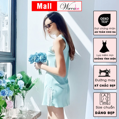 Đầm ngủ phi lụa cao cấp  wannabe dns11 cổ tim phối ren  nữ tính nhẹ nhàng