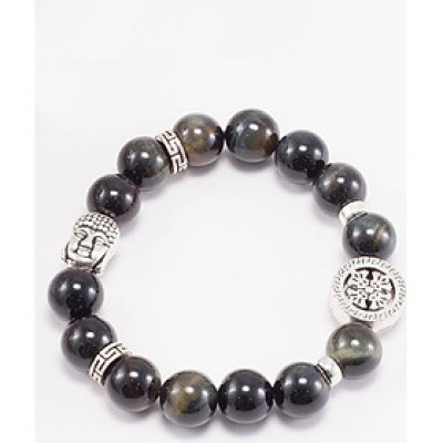 Vòng tay thạch anh mắt hổ xanh đen phối charm phật bạc (10mm) Ngọc Quý Gemstones