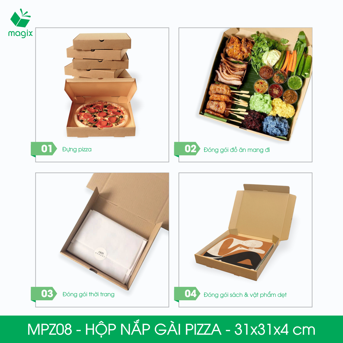 MPZ08 - 31x31x4 cm - 60 Hộp nắp gài pizza đa dụng - Hộp nắp gập, hộp carton gói hàng, hộp quà