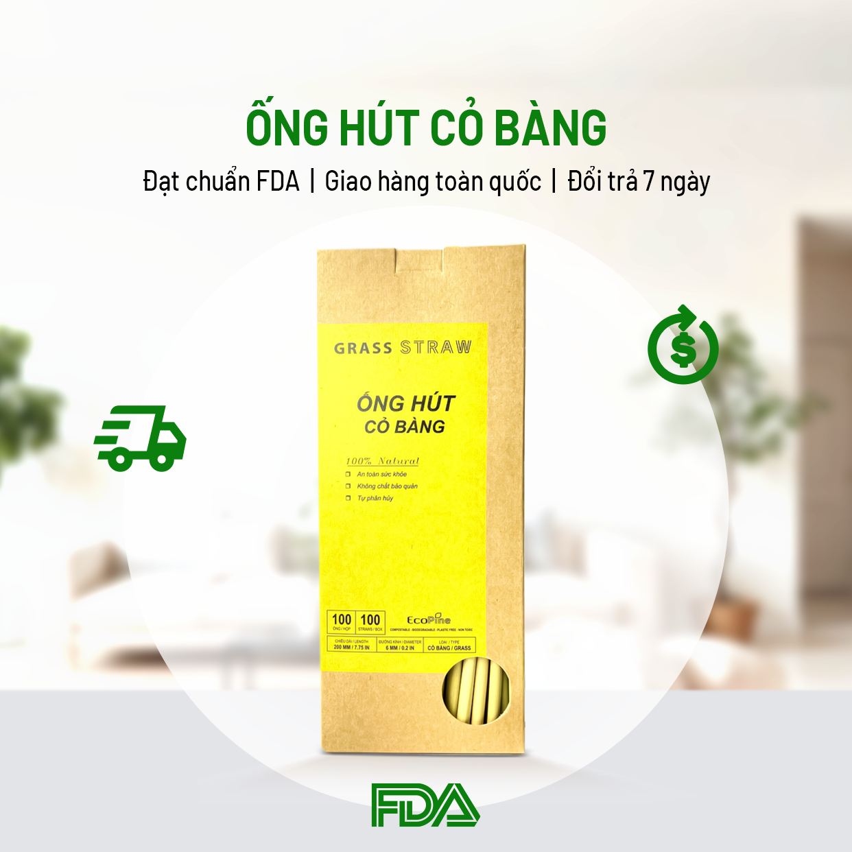 Hộp 100 Ống Hút Cỏ Bàng Ecopine Dài 20 cm - Dùng Được Cho Tất Cả Các Loại Thức Uống