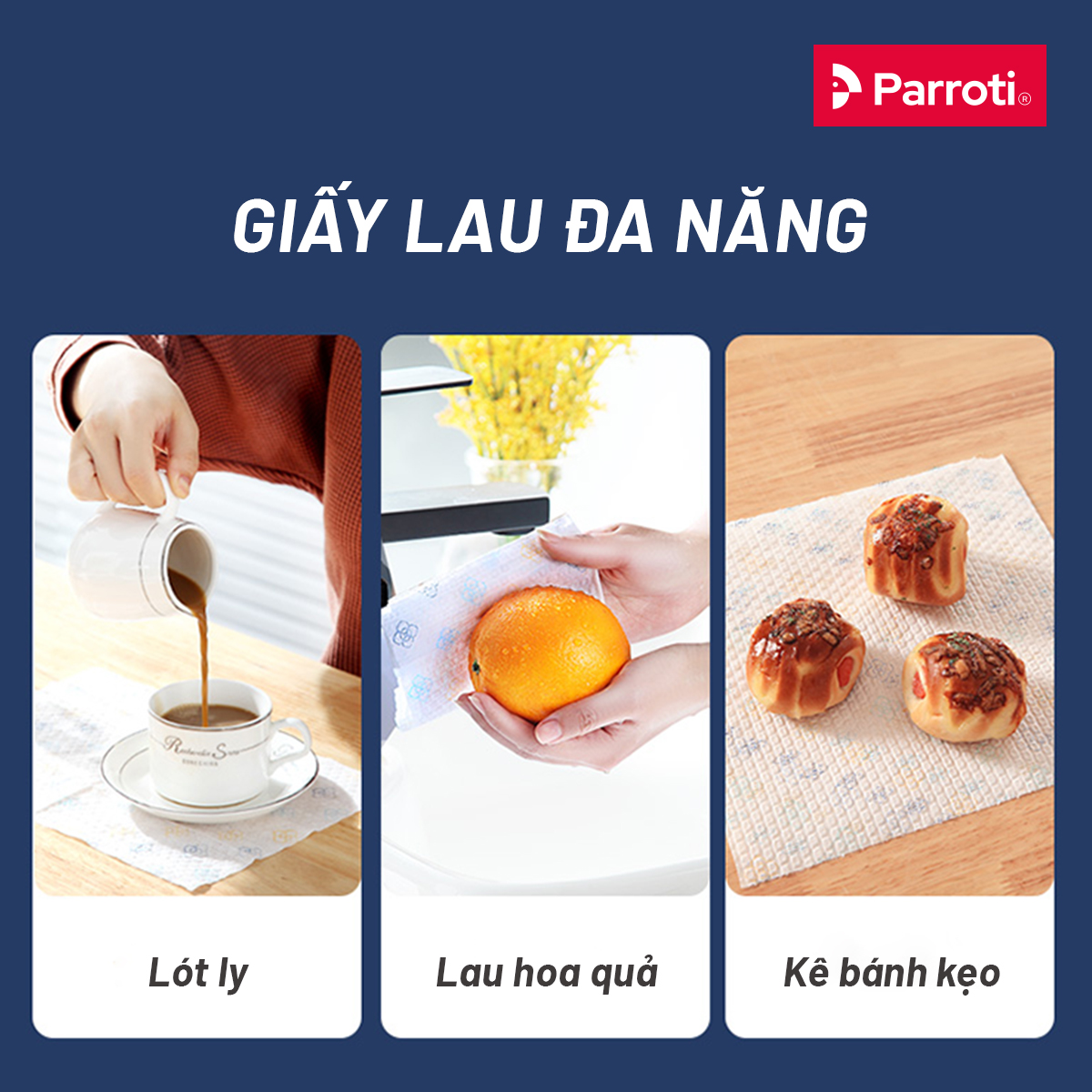 Khăn giấy cuộn đa năng, lau bếp, lau kính, chén bát, lau tay (50 khăn/cuộn, 25cm x25cm) - Parroti Bingo NG01