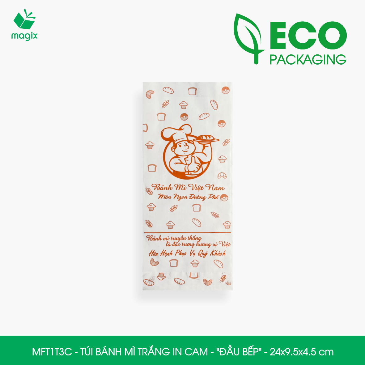 MFT1T3C - 24x9.5x4.5 cm - 100 Túi bánh mì Trắng, in sẵn họa tiết ĐẦU BẾP - Bao bánh mì Túi giấy thực phẩm an toàn