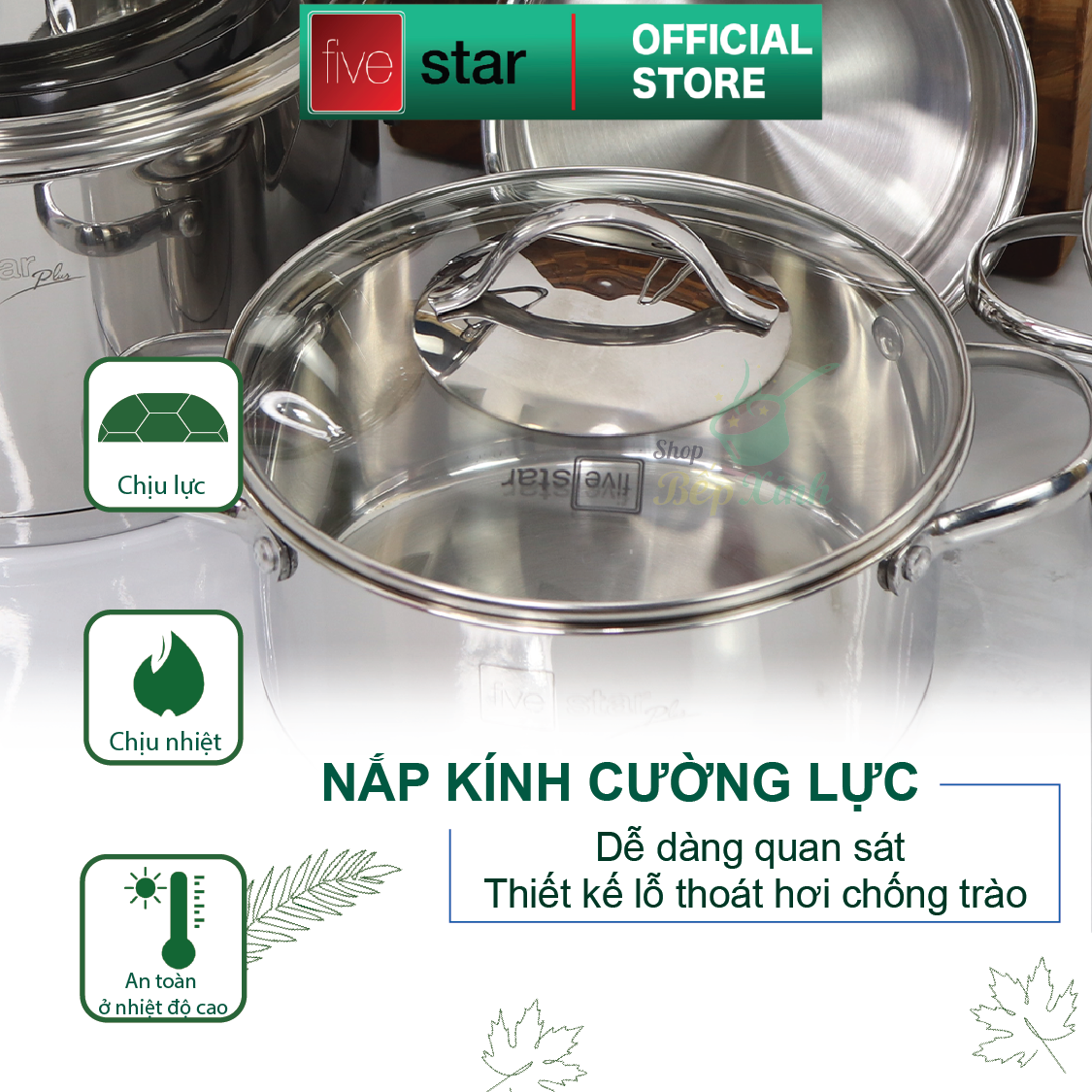 Bộ nồi xửng chảo chống dính cao cấp Fivestar 7 món 3 đáy từ , nắp kính ( tặng bộ sạn dừa 4 món )