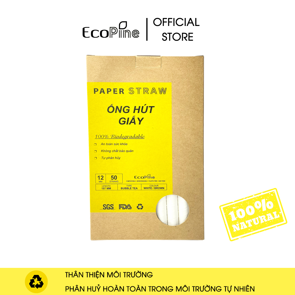 Hộp 50 ống hút giấy phi 12mm trắng ECOPINE - Dùng cho hút trân châu, sinh tố, smoothie