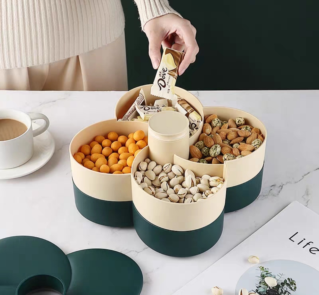 Khay đựng mứt tết Hoa Đào Tết 2 Tầng kèm lọ đựng tăn 2 in 1 - Khay đựng đồ ngày tết: Bánh kẹo, trái cây, đồ sấy...