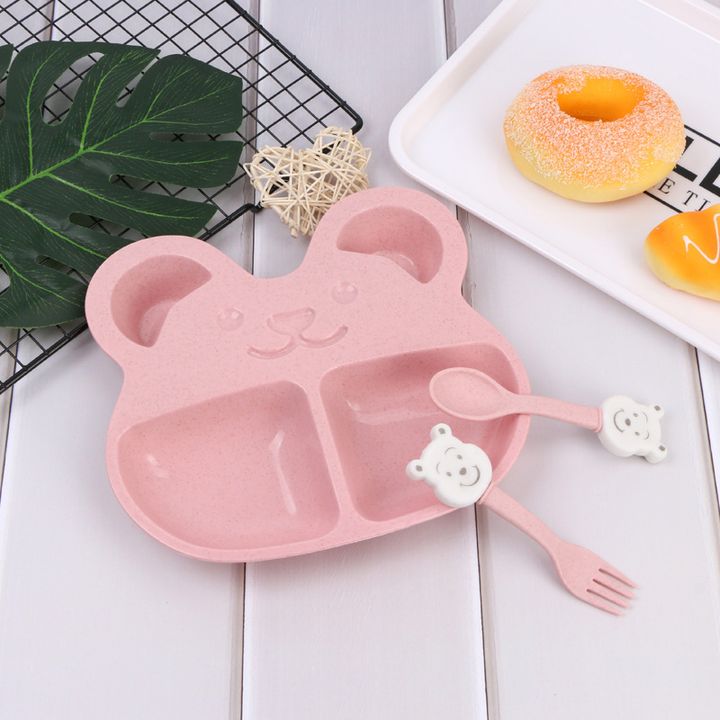 Bộ Khay Ăn Dặm Cho Bé 2 Ngăn Hình Gấu (kèm Muỗng, Nĩa) - hàng cao cấp