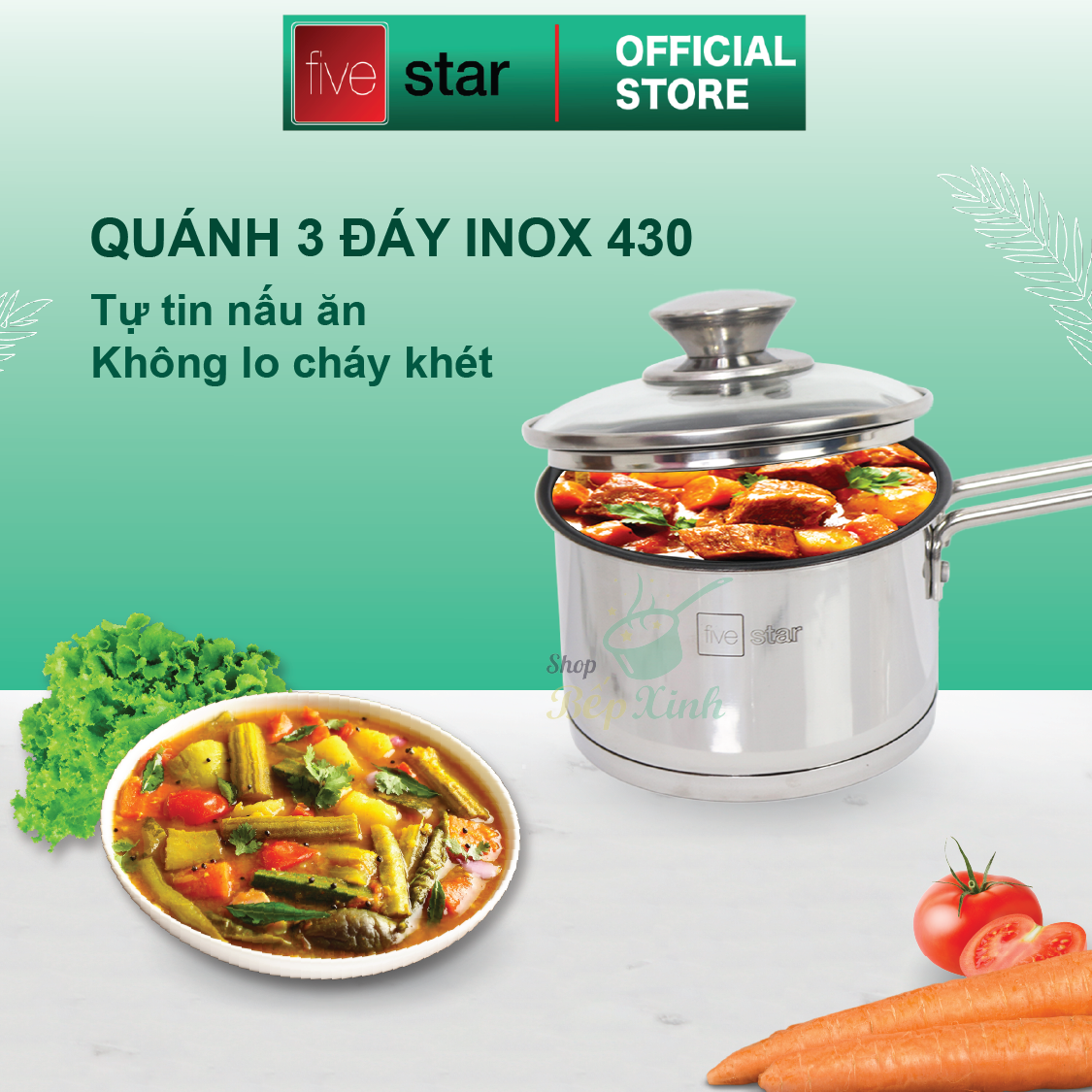 Quánh 3 đáy inox 430 Standard nắp kính bếp từ FSQ14001 (14cm)