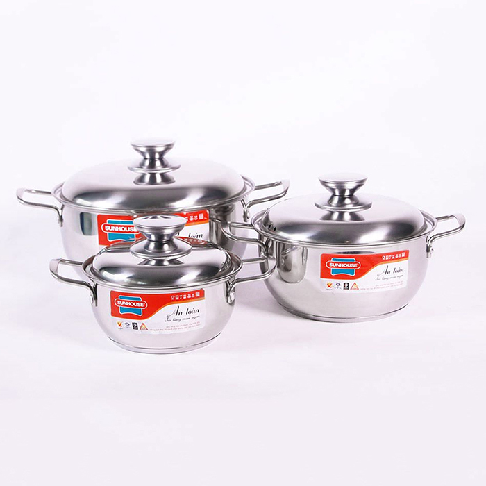 Bộ Nồi Inox 3 Đáy Sunhouse SH335(16cm, 20cm, 24cm ) - Dùng trên mọi loại bếp - Hàng chính hãng