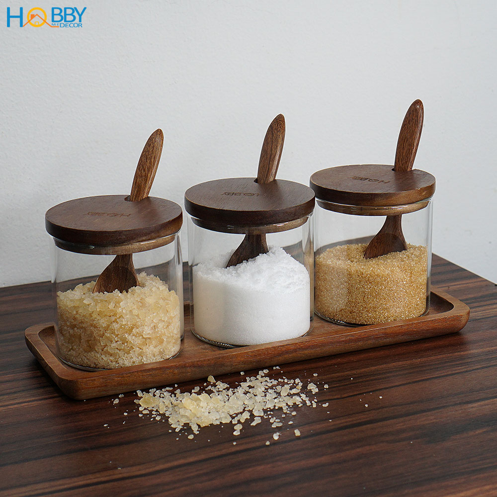 Combo 3 hủ gia vị thủy tinh kèm khay muỗng Hobby Home Decor HGV3D