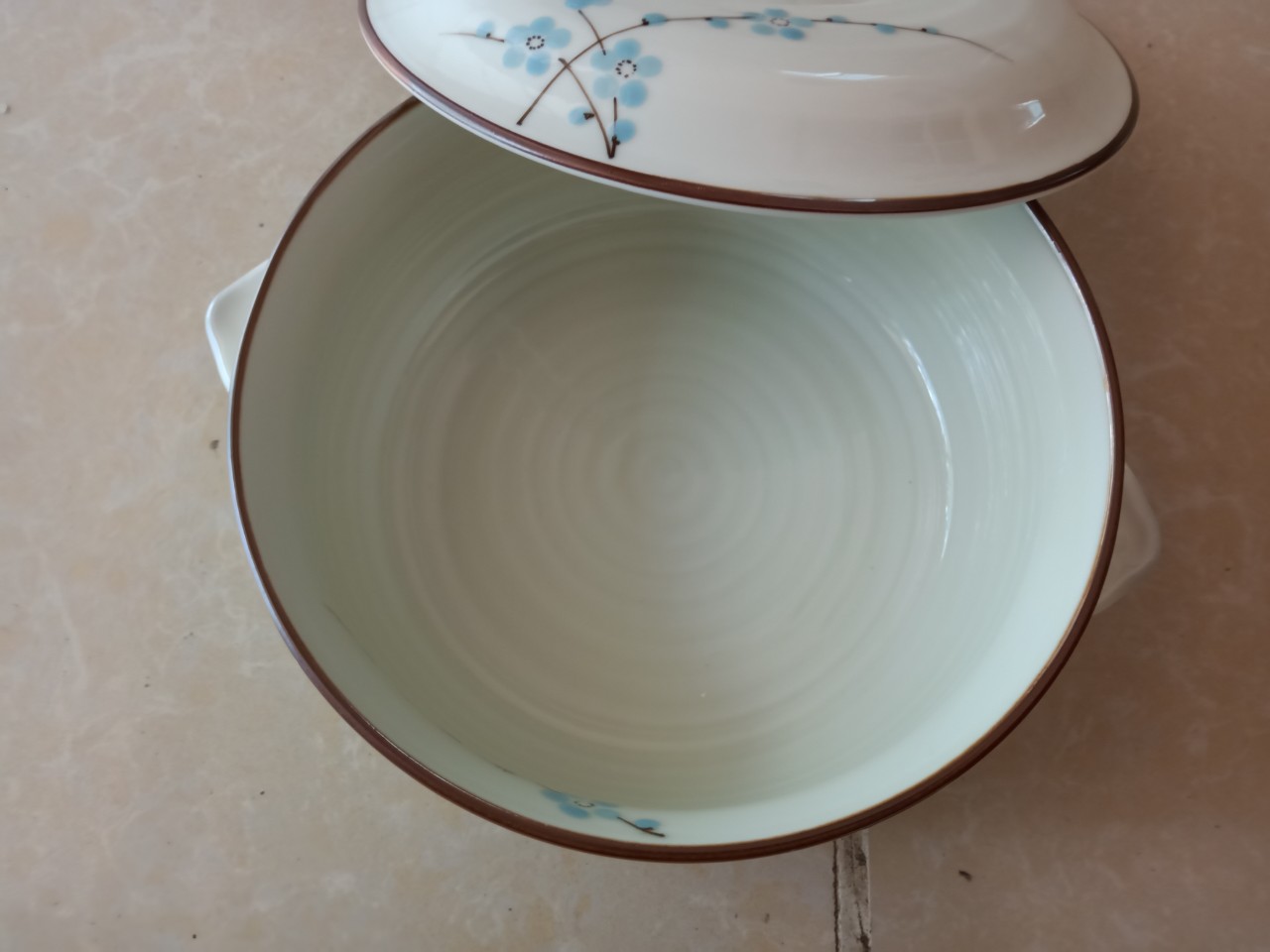 Âu đựng cơm canh vẽ hoa đào xanh số to gốm sứ Bát Tràng