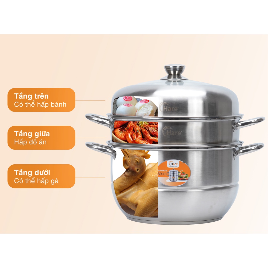 Bộ nồi hấp inox cao cấp đáy từ 3 tầng vung kính - thương hiệu Hare - lỗi 1 đổi 1