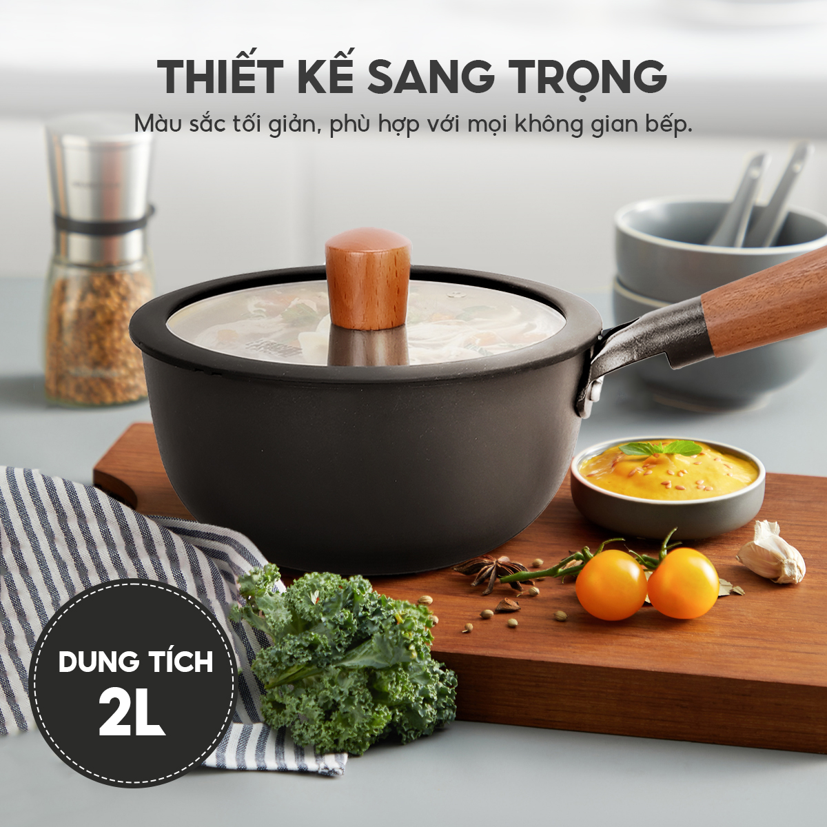 Nồi gang chống dính đa năng Lebenlang LBL2523, size 20, 2L, nắp kính tay cầm gỗ dùng mọi loại bếp - hàng chính hãng
