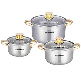Bộ Nồi 5 Đáy Cao Cấp Núm Vàng Sunhouse SH781 Quay Mạ Vàng Cao Cấp (16cm, 20cm, 24cm) - Dùng Cho Mọi Loại Bếp - Hàng Chính Hãng