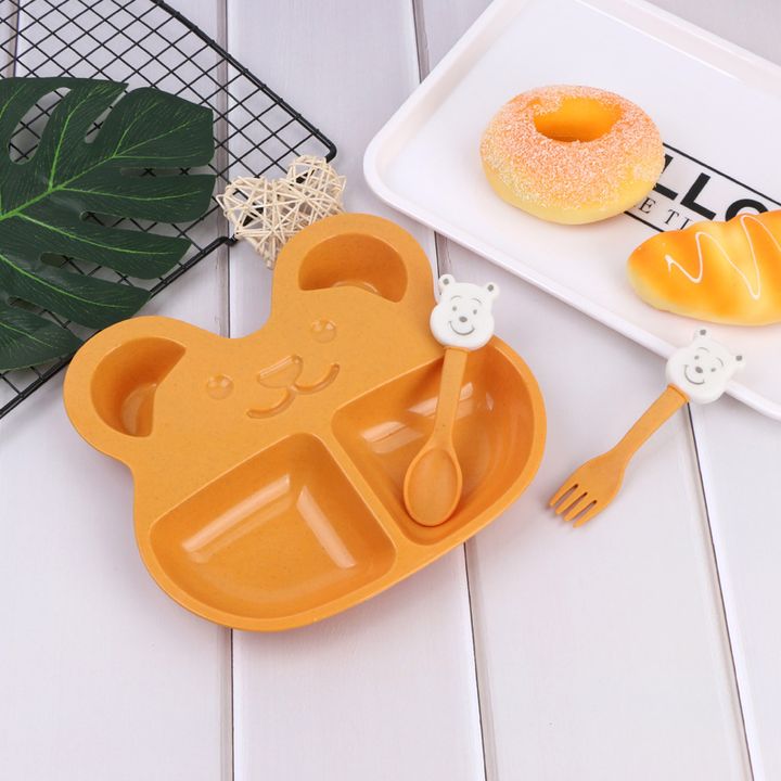 Bộ Khay Ăn Dặm Cho Bé 2 Ngăn Hình Gấu (kèm Muỗng, Nĩa) - hàng cao cấp