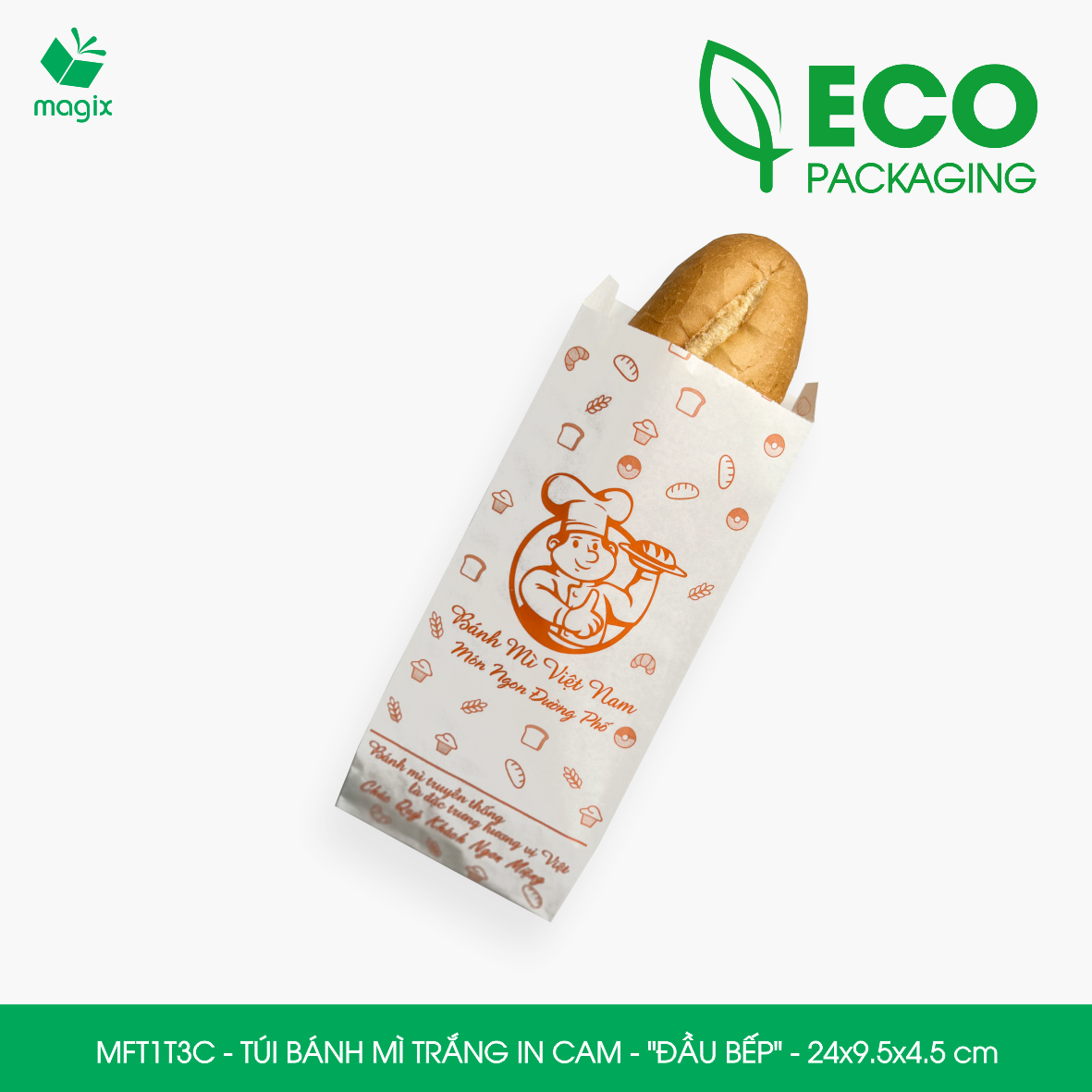 MFT1T3C - 24x9.5x4.5 cm - 100 Túi bánh mì Trắng, in sẵn họa tiết ĐẦU BẾP - Bao bánh mì Túi giấy thực phẩm an toàn
