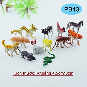 Bộ Mô Hình Nhựa Đồ Chơi 12 con Rắn Rồng Chuột Gà Thỏ Ngựa Khỉ Hổ Heo Bò Cừu Chó PB13