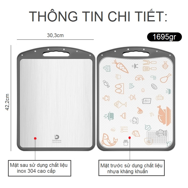 Thớt inox 304 và nhựa kháng khuẩn DandiHome cao cấp hai mặt - Hàng chính hãng