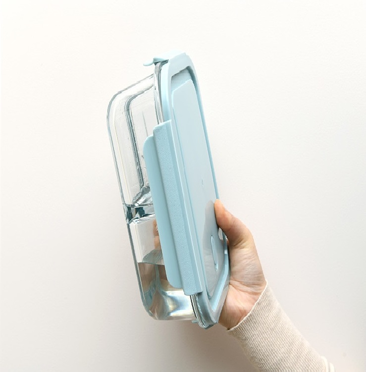 Hộp cơm trưa 3 ngăn bằng thủy tinh chịu nhiệt - tặng kèm thìa và đũa inox (giao màu ngẫu nghiên)